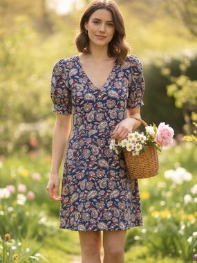 Boden US 6 Blue Paisley Floral Dress V Neck Short Sleeve Cotton Sheath